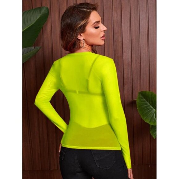 🆕Women Yellow Polyester Floral Mesh Long Sleeve Crew Neck Fitted Sexy Tee Top - Picture 6 of 6